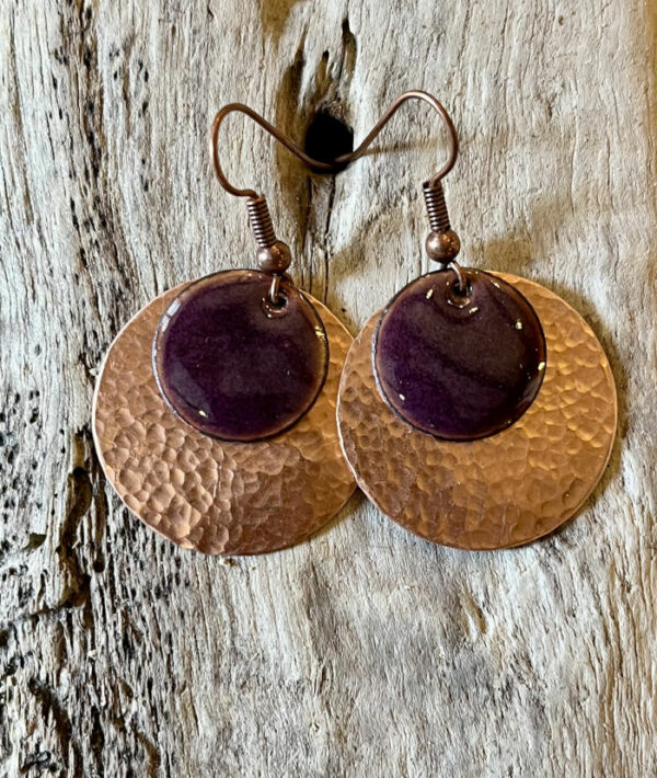 Boucles d'oreilles en émail & cuivre martelé, fait main en France - émaux sur cuivre