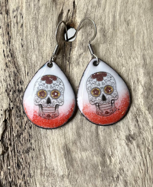 Boucles d'oreilles Calaveras en émail sur cuivre, fait main en France - émaux sur cuivre